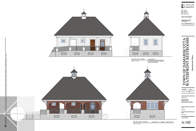 Exterior front and side view drawings of the public restrooms and Harbor Master Office new facility.